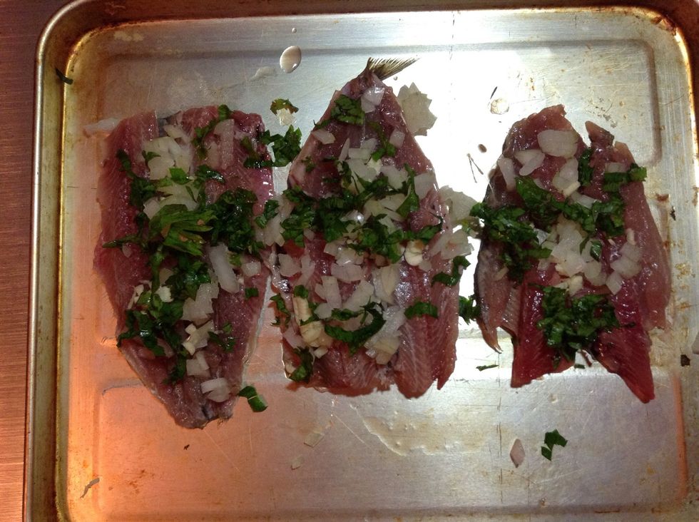 Put the parsley, onions and garlic on your fish