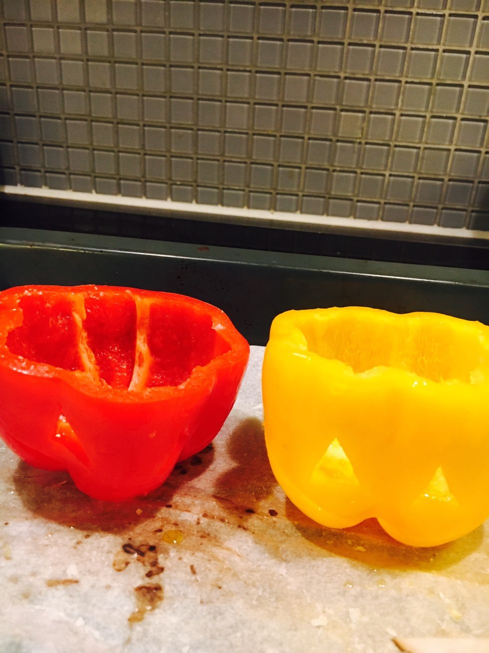 Put the peppers on a lined baking tray. Bake in the oven for 20-25 minutes/until tender