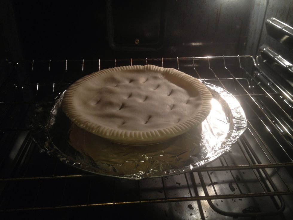 Put the pie on a cookie sheet or pizza pan to catch any bubble-over. Bake for 45 minutes to an hour. It's done when the crust is browned to your liking.