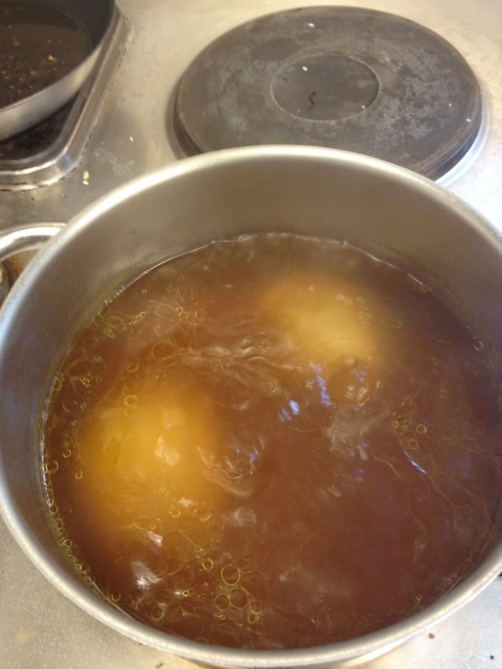 Put the pieces in boiling vegetablestock and let it simmer for fifty minutes.