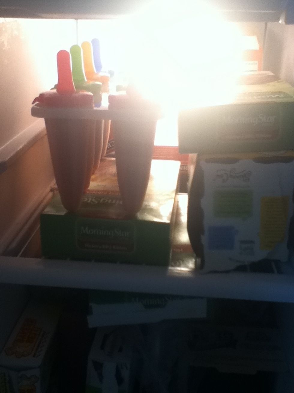 Put the Popsicles in your freezer. Leave over night. (Minimum of 6-8 hours)