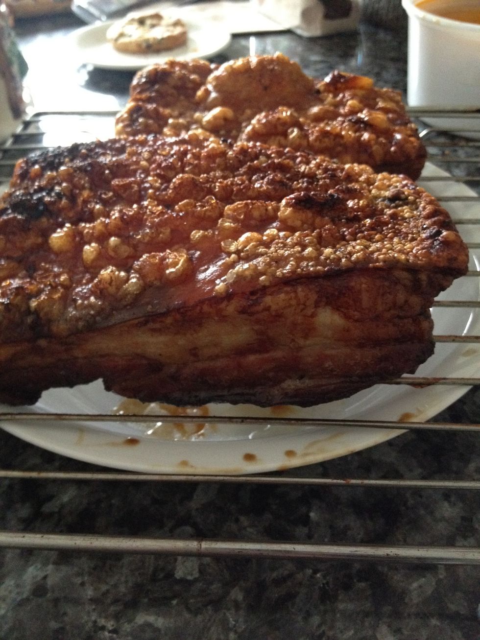 Put the pork belly in a hot oven for an hour at 400 to 425\u00b0 with the skin down first then flip mid- way through
