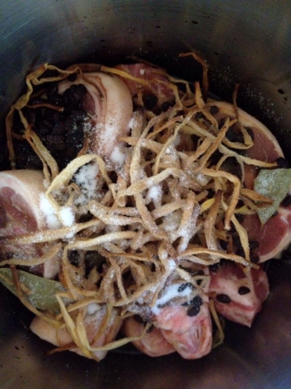 Put the pork knuckles & all the ingredients in your pressure cooker. Don't forget the 3 cups water too!