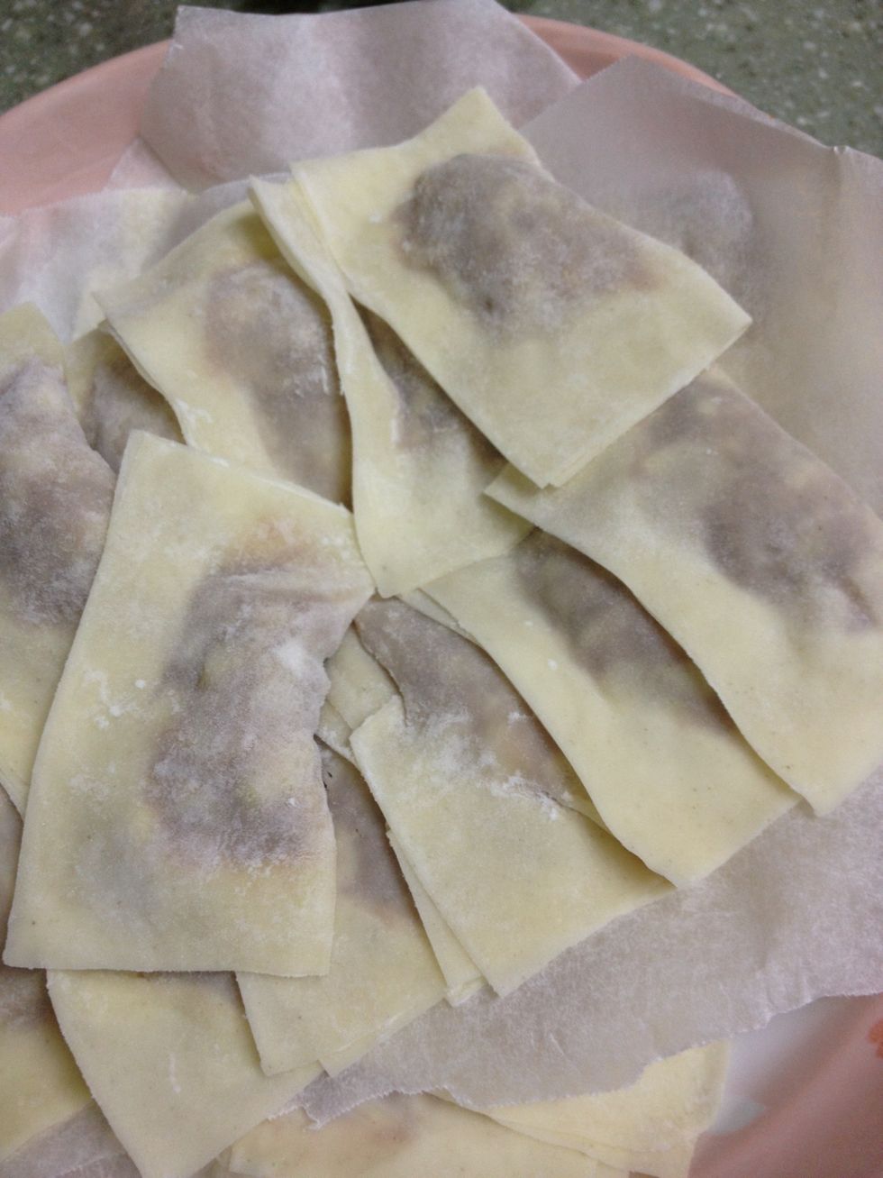 Put the pork onto wonton skin, folded