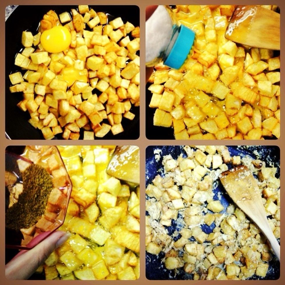 Put the potatoes in a frying pan then put eggs, Salt and pepper and start mixing.