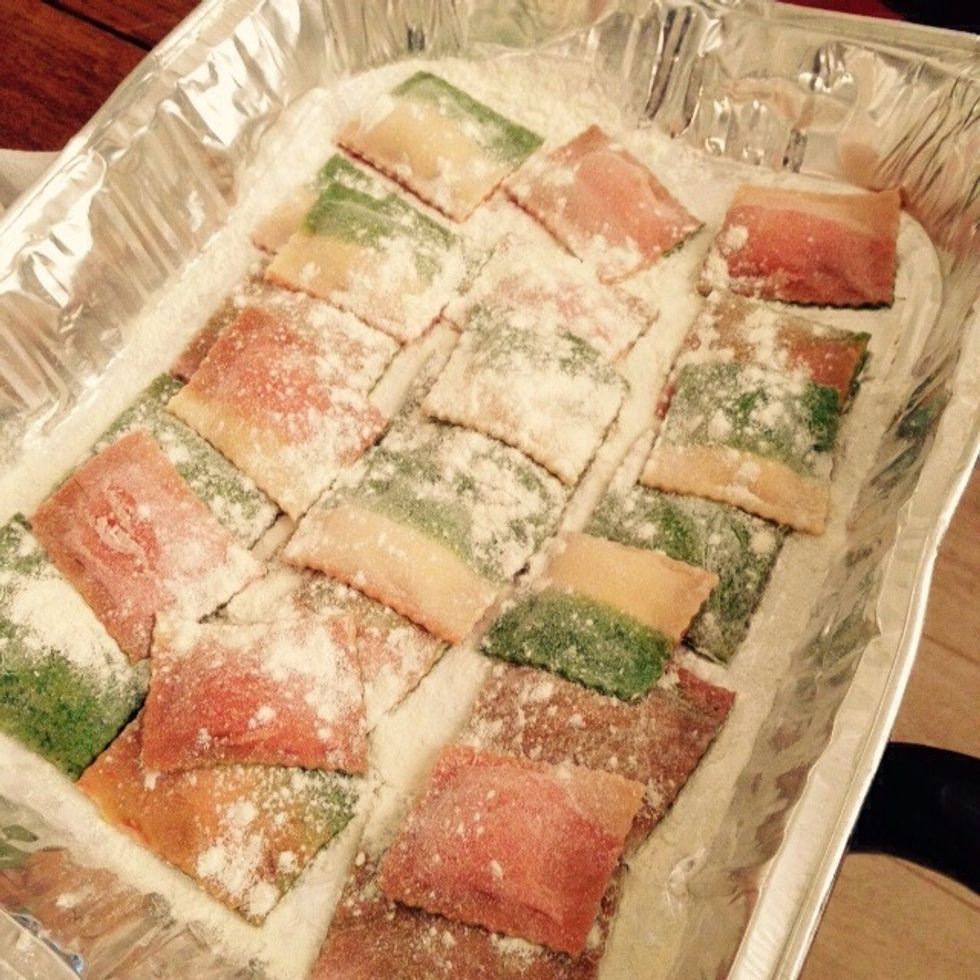 Put the ready ones in a tray and dust with plenty of flour so that they don't stick. Repeat until you run out of dough or stuffing.