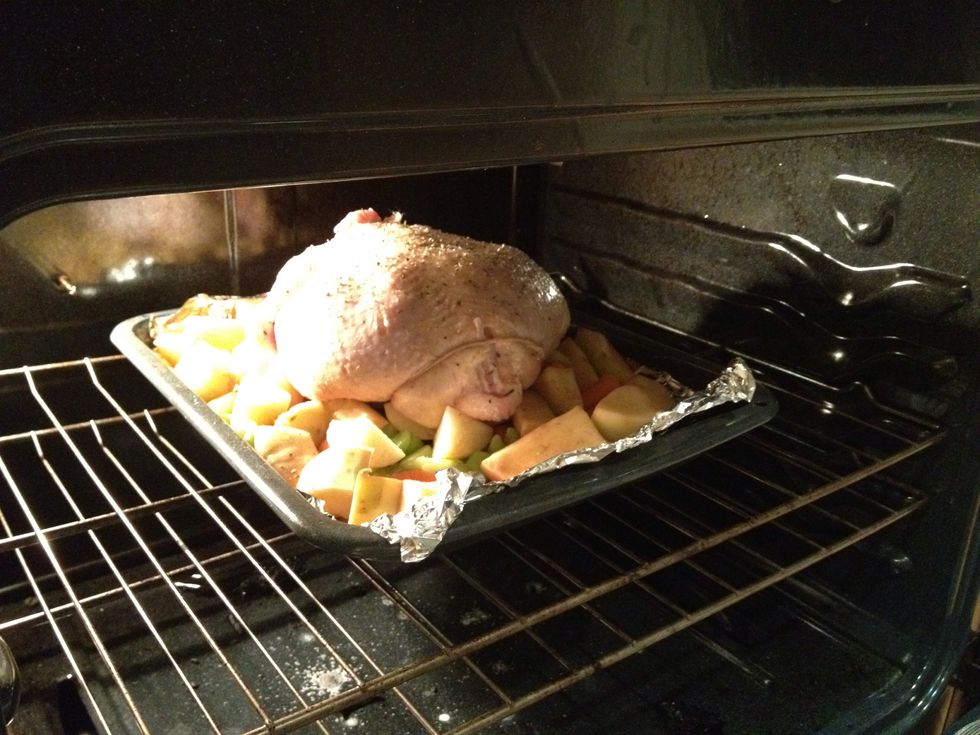 Put the roasting pan in the oven for one hour.