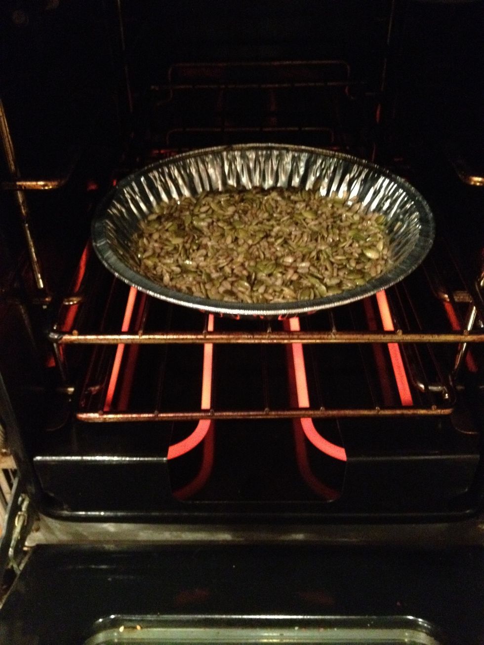 Put the seeds in the oven on 350*F for approx. 7 minutes- toast to your personal preference!