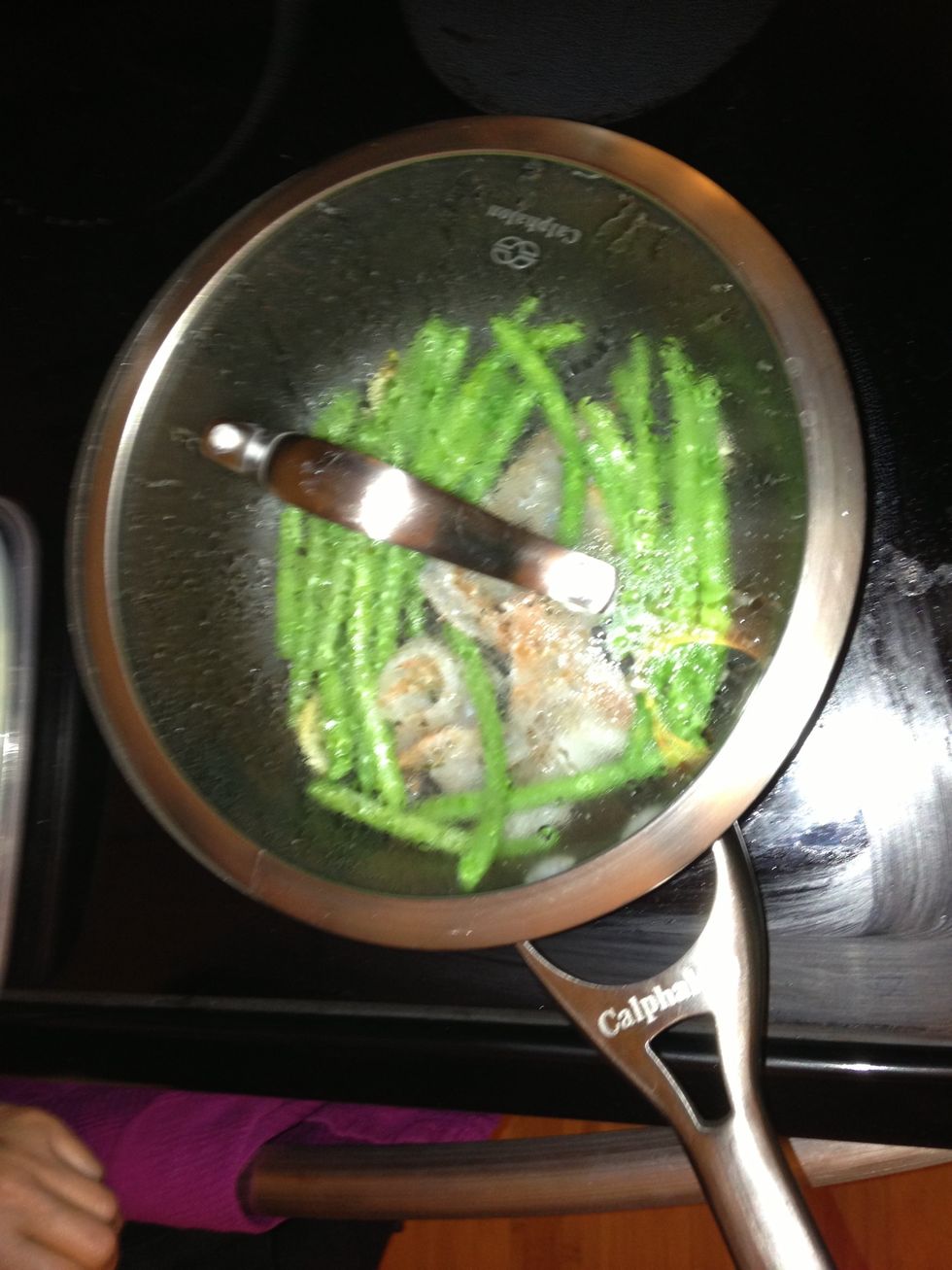 Put the shrimp in when the green beans are close to being ready