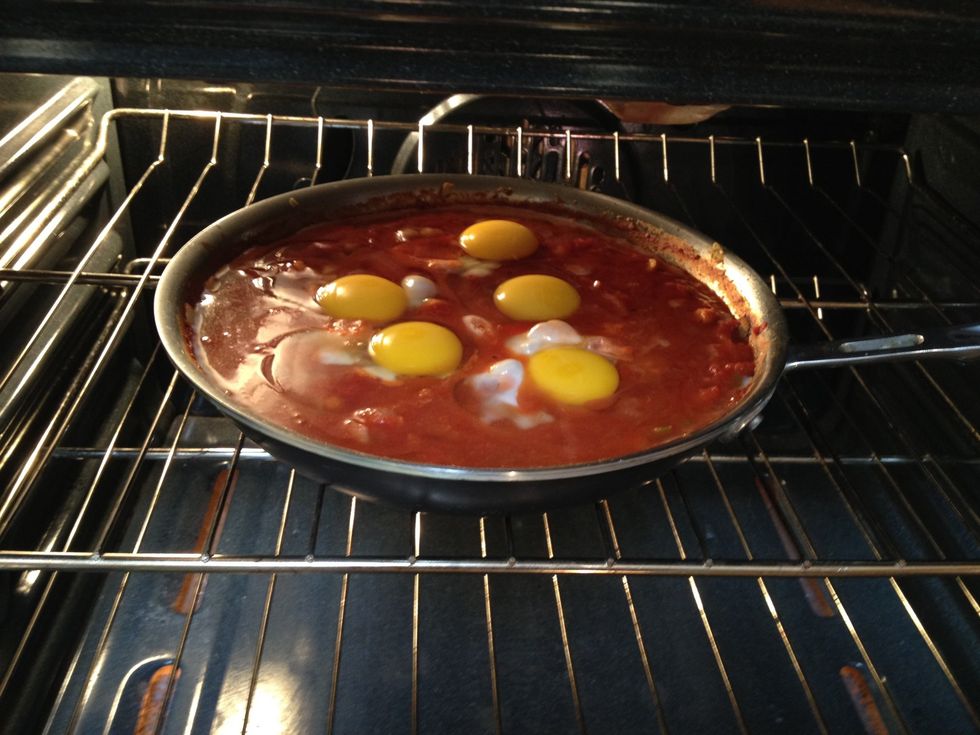 Put the skillet in the oven. Bake until the whites are set and the yolks are still runny (6 or 7 minutes). This step can also be done on the stovetop, but I think the eggs set more evenly in the oven