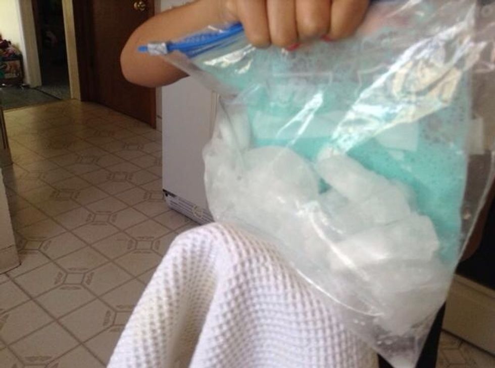 Put the small milk bag into the big ice bag . Then shake for 10-15 minutes