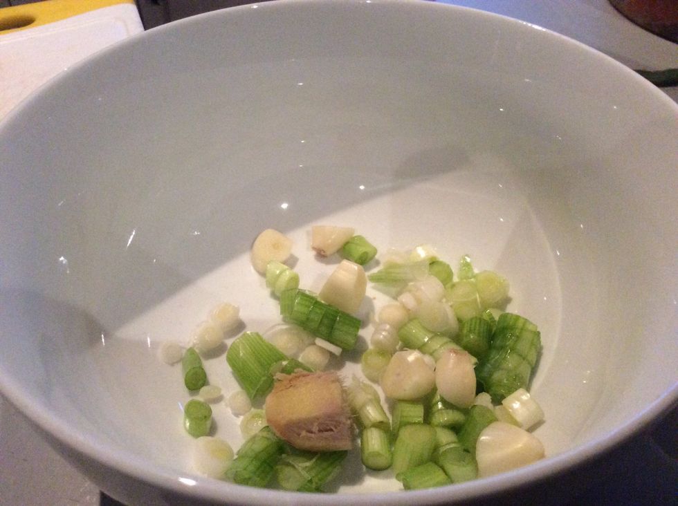 Put the spring onions, garlic and ginger in a bowl