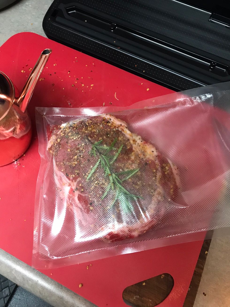 Put the steak and seasoning in a vacuum back and seal it. If you don\u2019t have a sealer you can use a zipper bag
