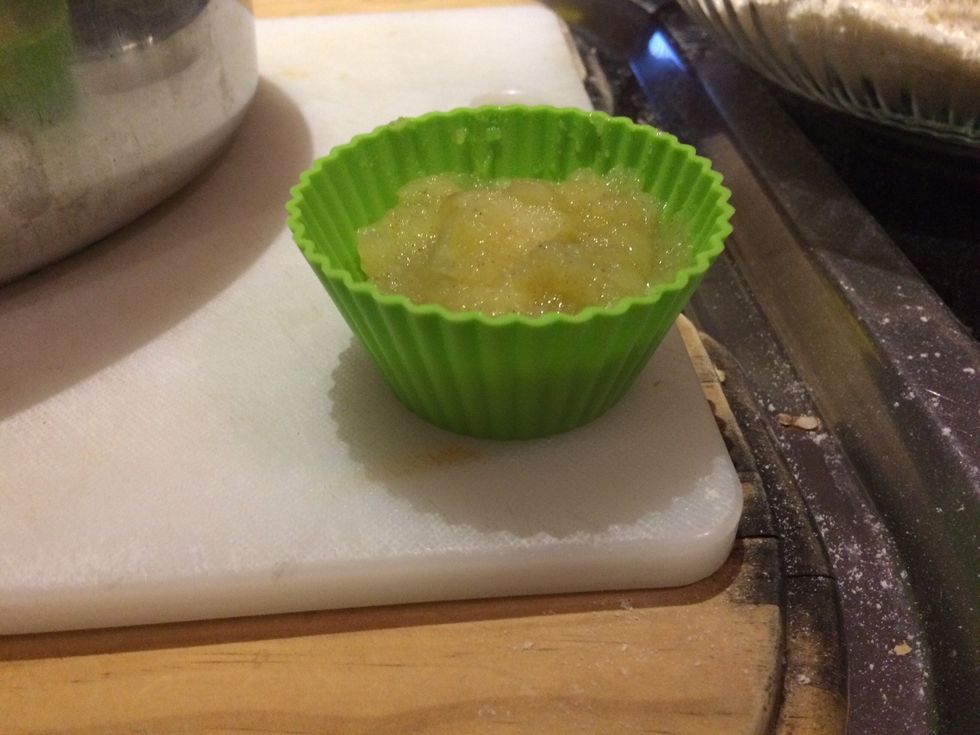 Put the stewed apples into a oven proof dish and leave room for the crumble on top