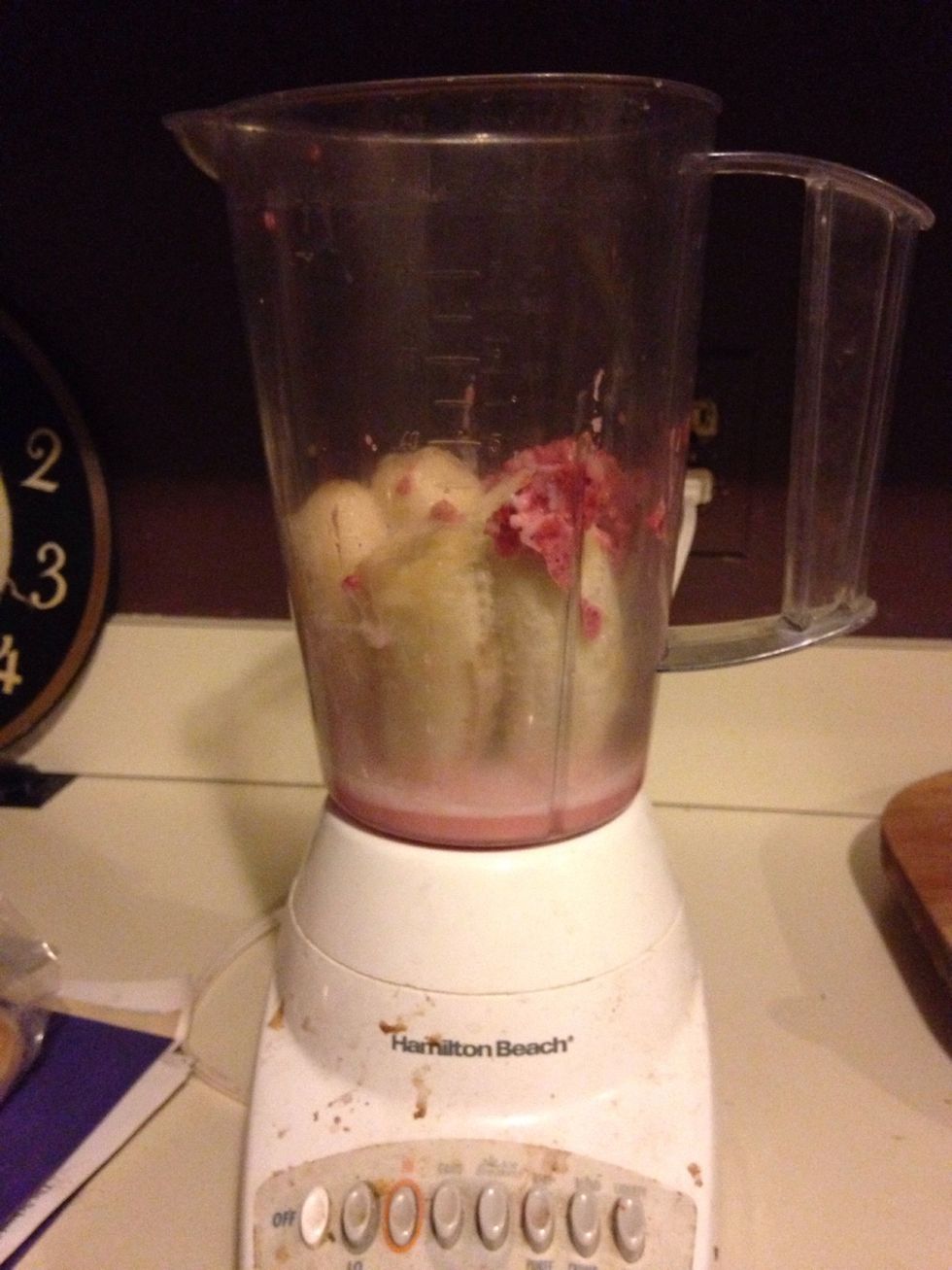 Put the strawberrie raspberry shaker and the bananas in and start blender