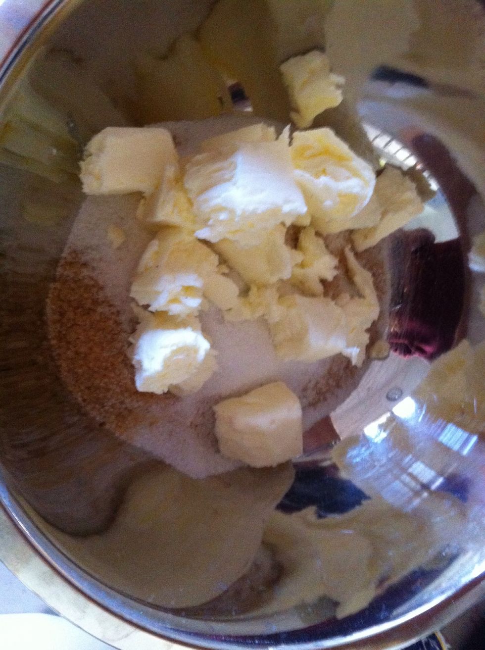 Put the sugars and butter in a biwl and whisk till fluffy