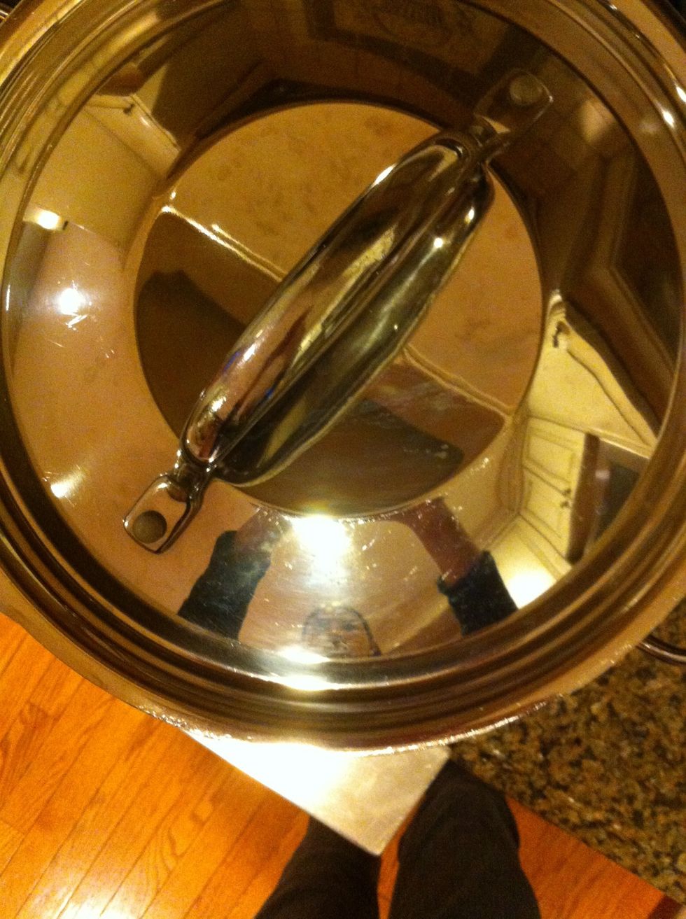 Put the top on the pot, boil the pasta, salt, and broccoli for as long as the pasta box tells you to. Mine are going to boil for seven minutes. Stir occasionally