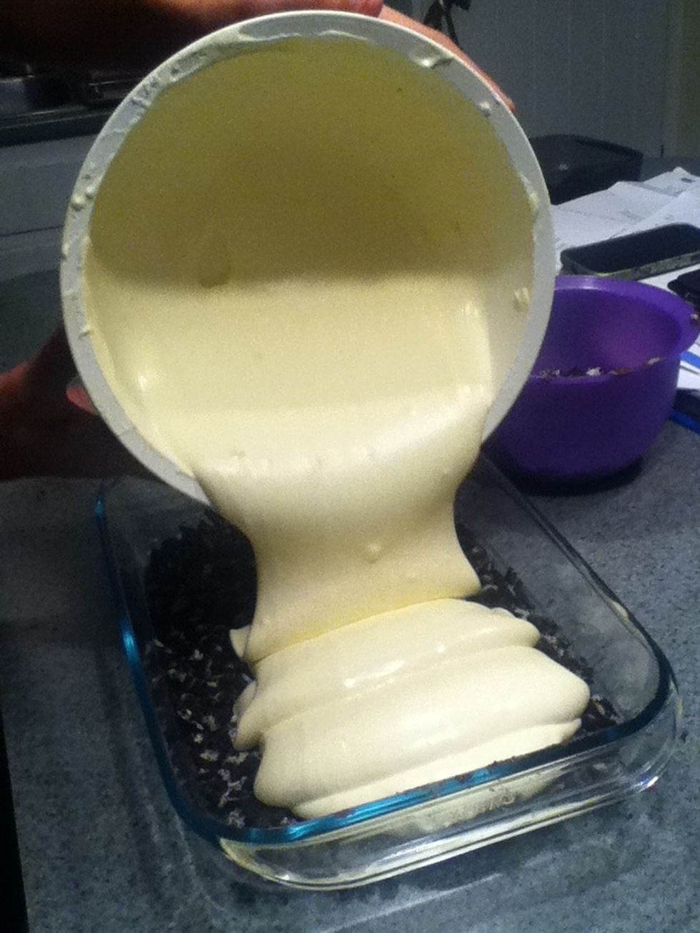 Put the whip cream and pudding that is mixed into the pan ontop of crushed oreos