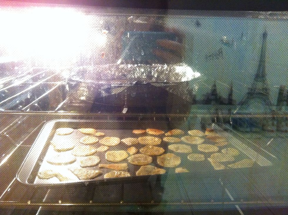 Put them into 400F oven for 10 mins, then flip over all of them and bake for another 4-6 mins until they become golden brown.   |||some of them may turn brown faster, so keep an eye on them.|||