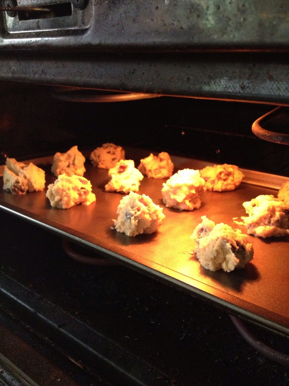 Put them into your preheated 375F oven for 10 minutes, 8 if you like them a little lighter.