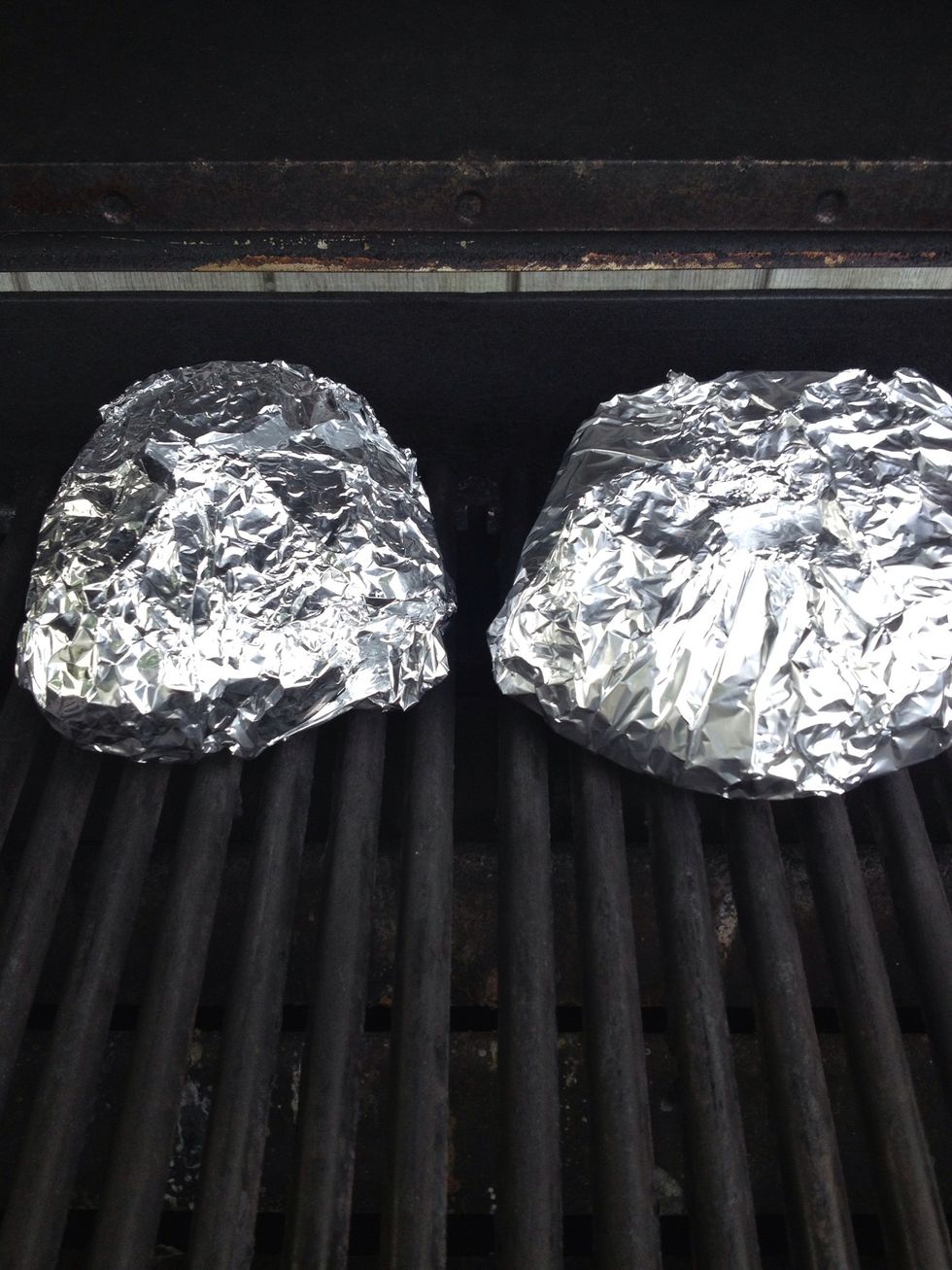 Put them on the grill! We cooked these for a little over 30 min on medium heat. The smaller your Potato's, the faster they cook.