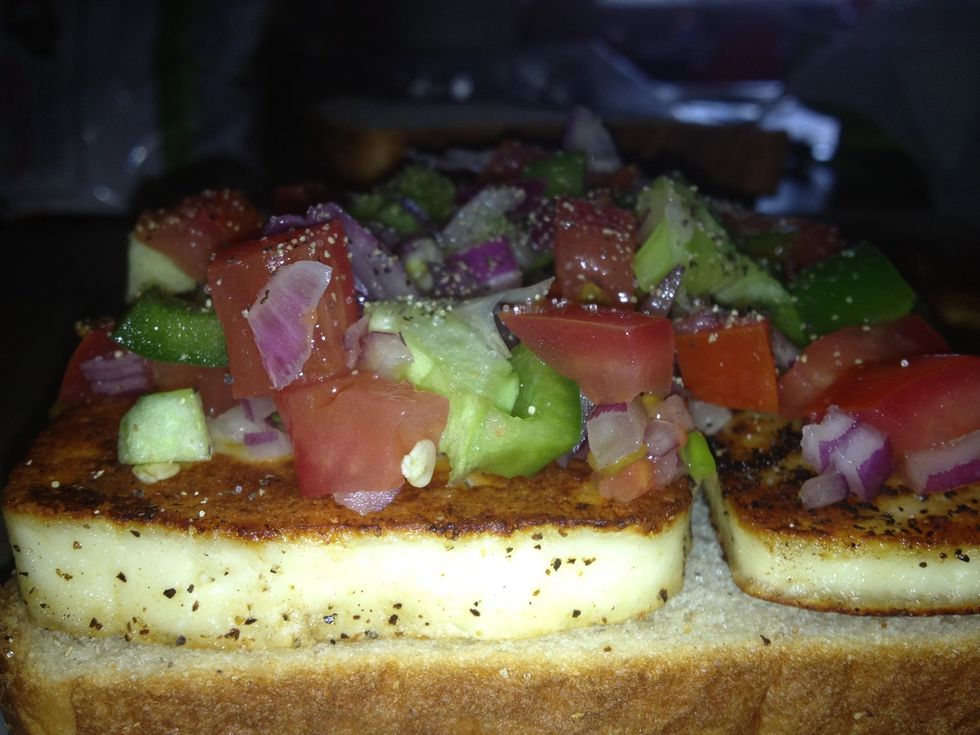 Put these on bread slices and add onion bell pepper,tomatoes , jalape\u00f1o's, salt & pepper brush the top of the bread with some butter