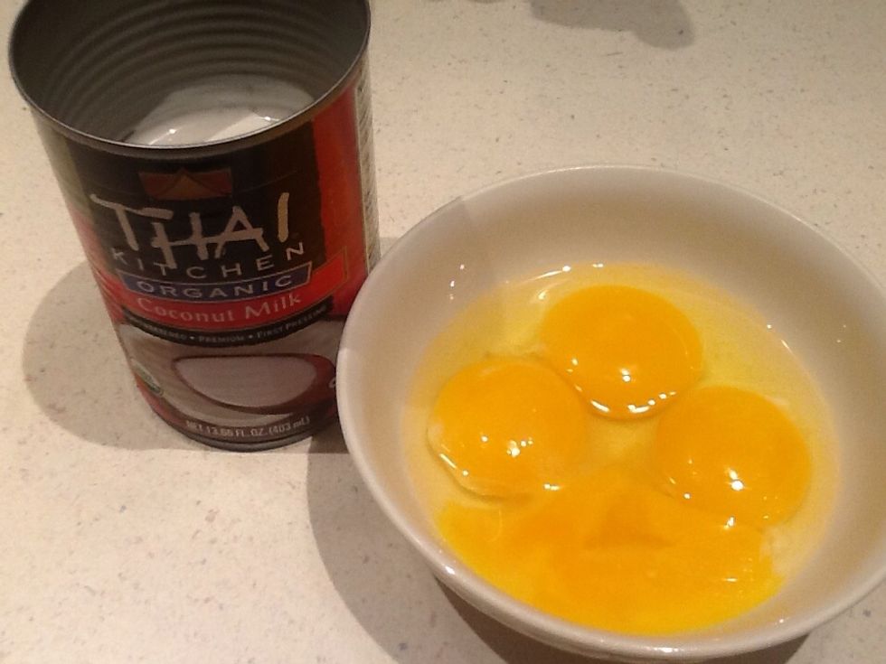 Put three egg yokes,  one whole egg, and 1/2 can of coconut milk in high speed blender.  The yokes are left from paleo meatball spaghetti cups.