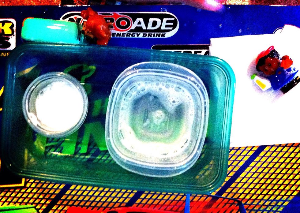 Put two small bowls in one larger bowl. We used plastic Ziplock dish-ware. Fill one small bowl with foamy hand soap. Fill second small bowl with water. Place paper towel or wash cloth by wash station.