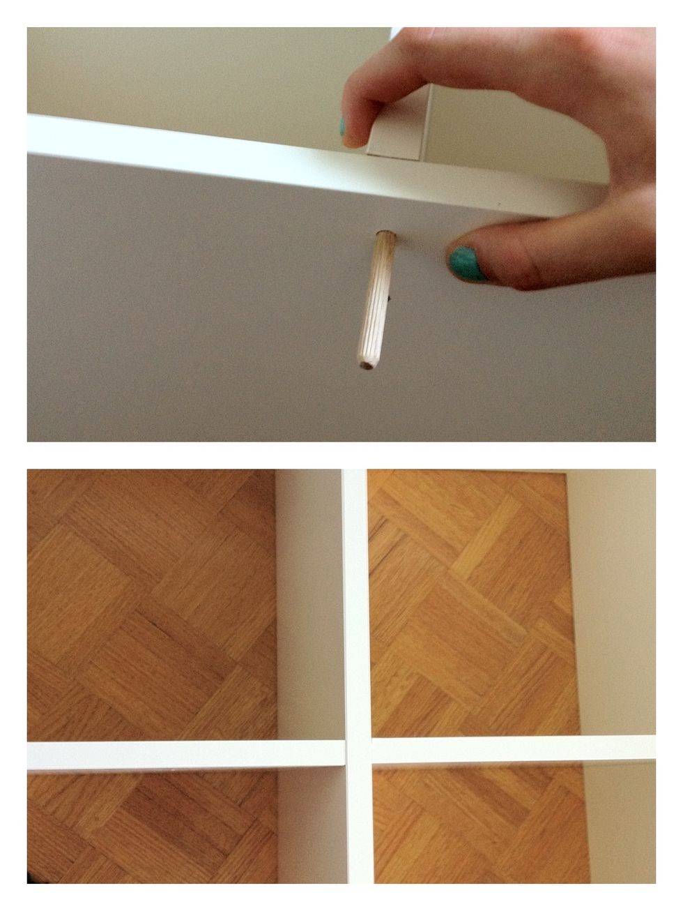 Put two wooden pegs through the holes in the middle of the thin, long, rectangle piece and push the second small piece onto those pegs.