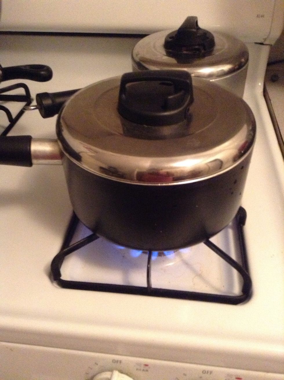 Put up a pot with water and a little salt to boil for the pasta... When the water is boiling add the pasta and a little oil to keep it from sticking together..