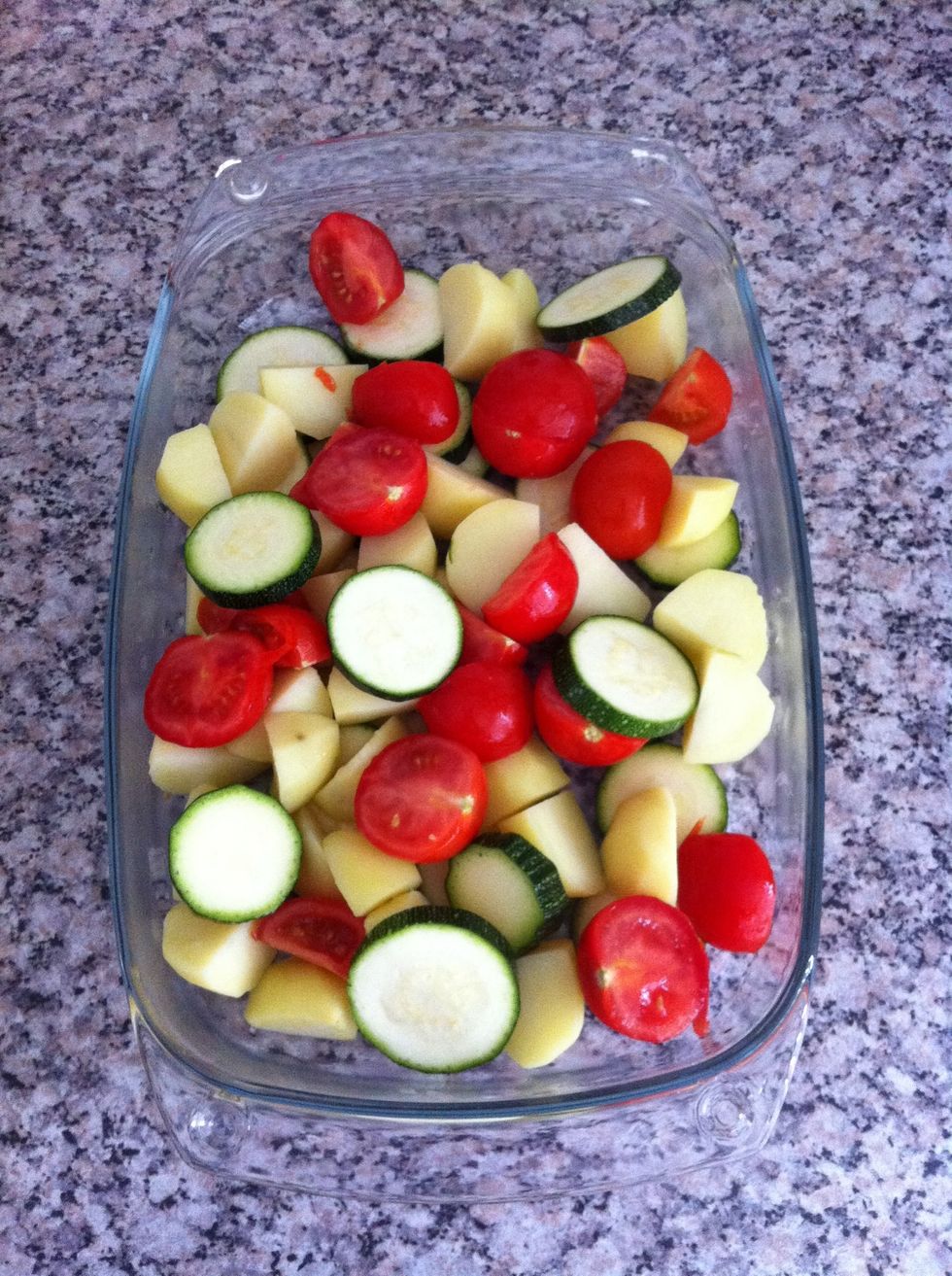 Put veggies into oven bowl.