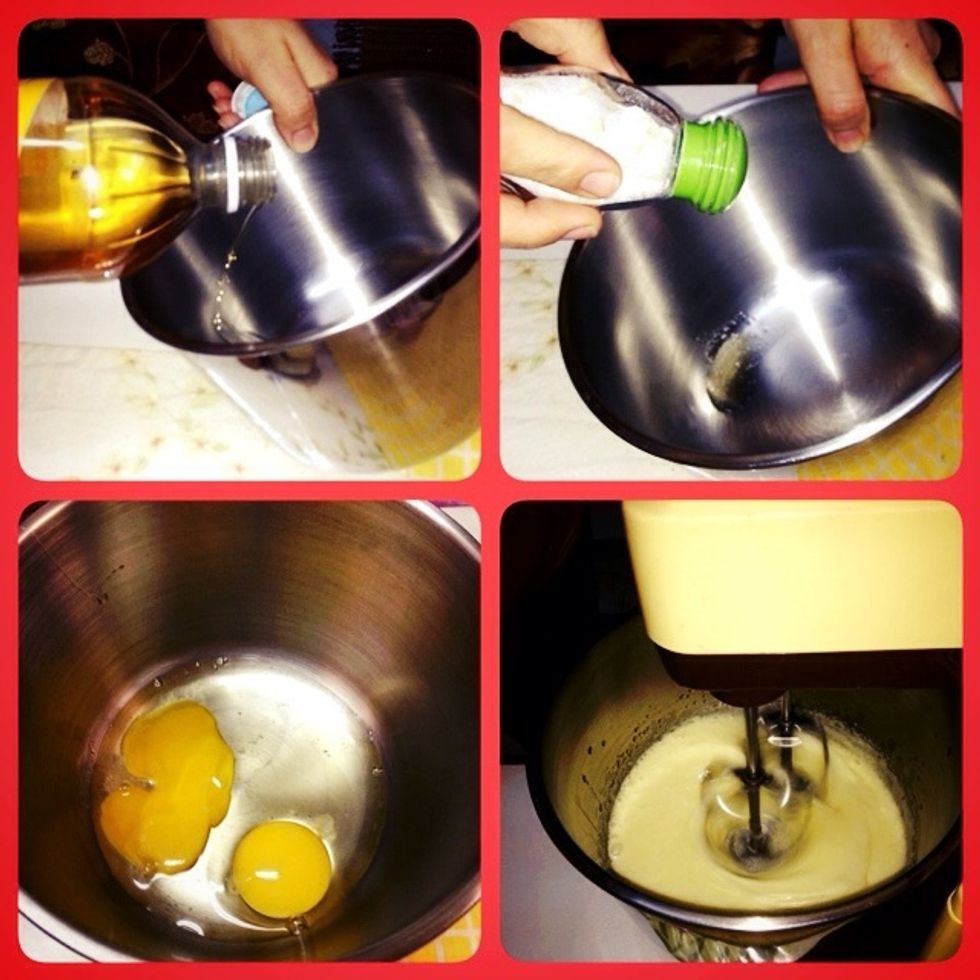Put vinegar, salt and eggs then mix. Note ( vingear to remove the smell of eggs nagging) ( Salt to enhance the flavor).