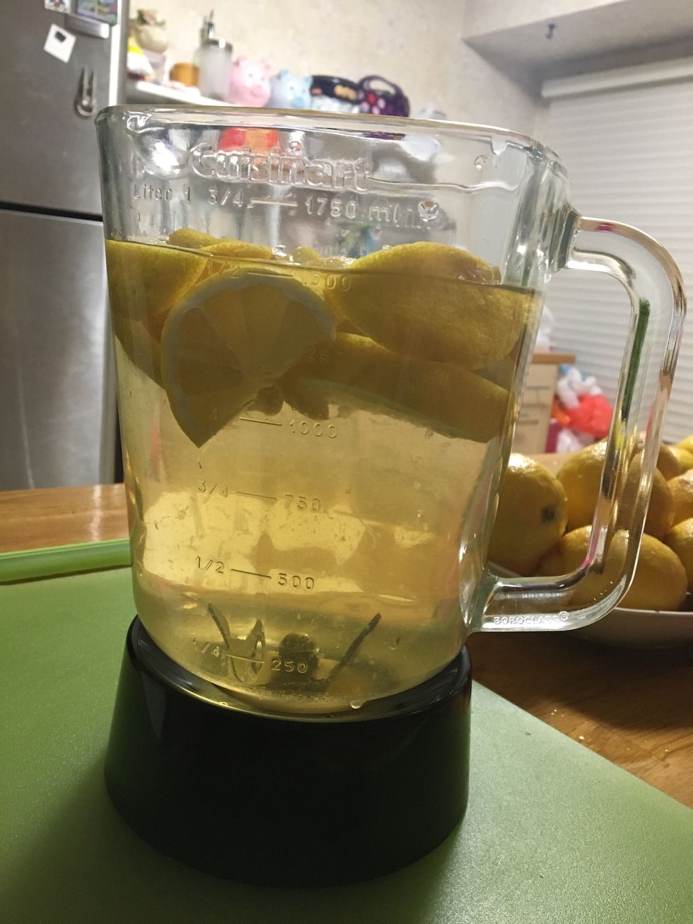 Put water, sugars, and lemons/ limes into the blender