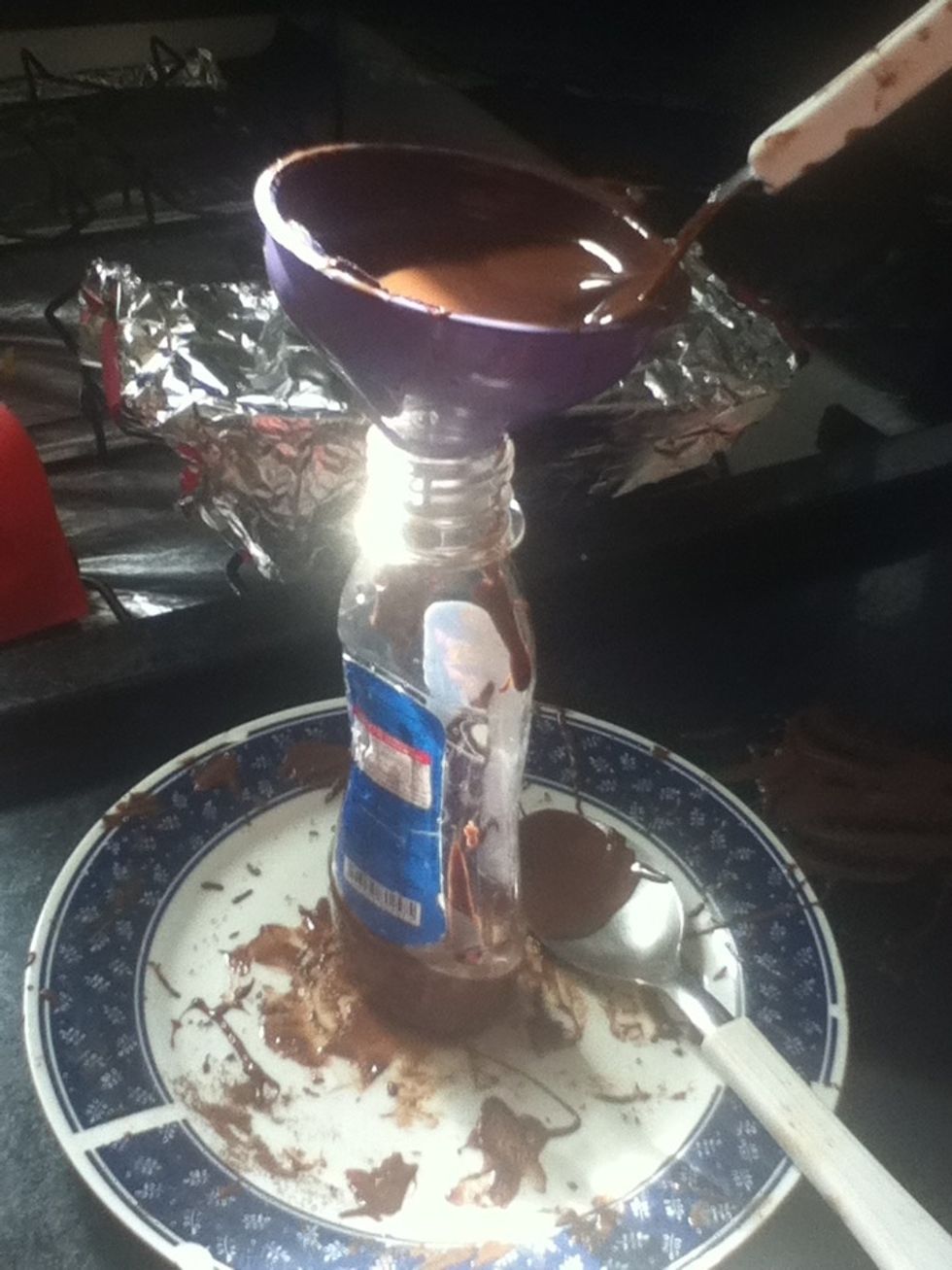 Put with the help of a funnel the chocolate into the syrup container (or other thing with a little hole on the top )