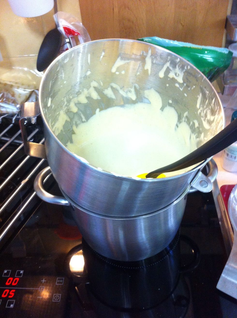 Put your bowl on the large one . add whipping cream stir until egg yolks is cooked