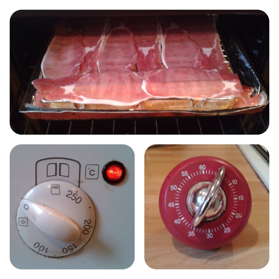 Put your bread & bacon under the grill (broiler), turn on and set your timer for 5 minutes.