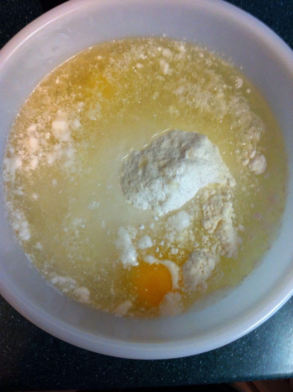 Put your cake mix in a bowl, add the 1 1/3 cup of water, 1/3 cup Vegetable Oil and the two eggs.
