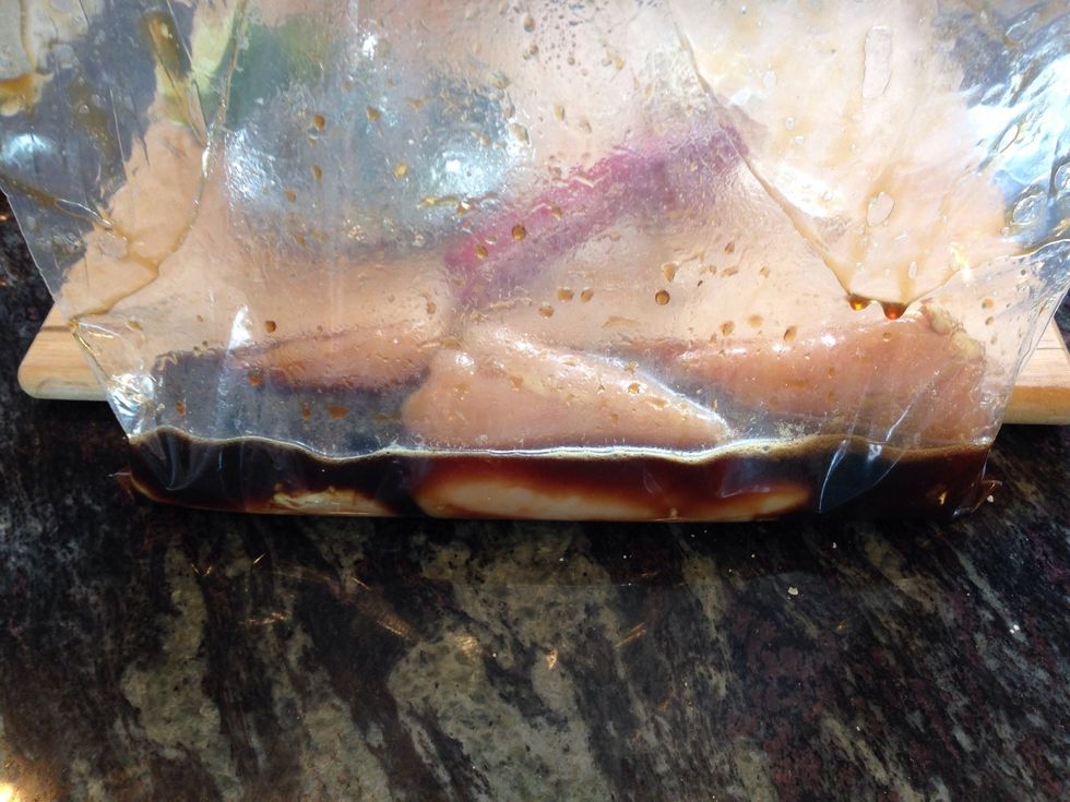 Put your chicken in a bag and add the big part of the marinade, refrigerate for 1 hour.