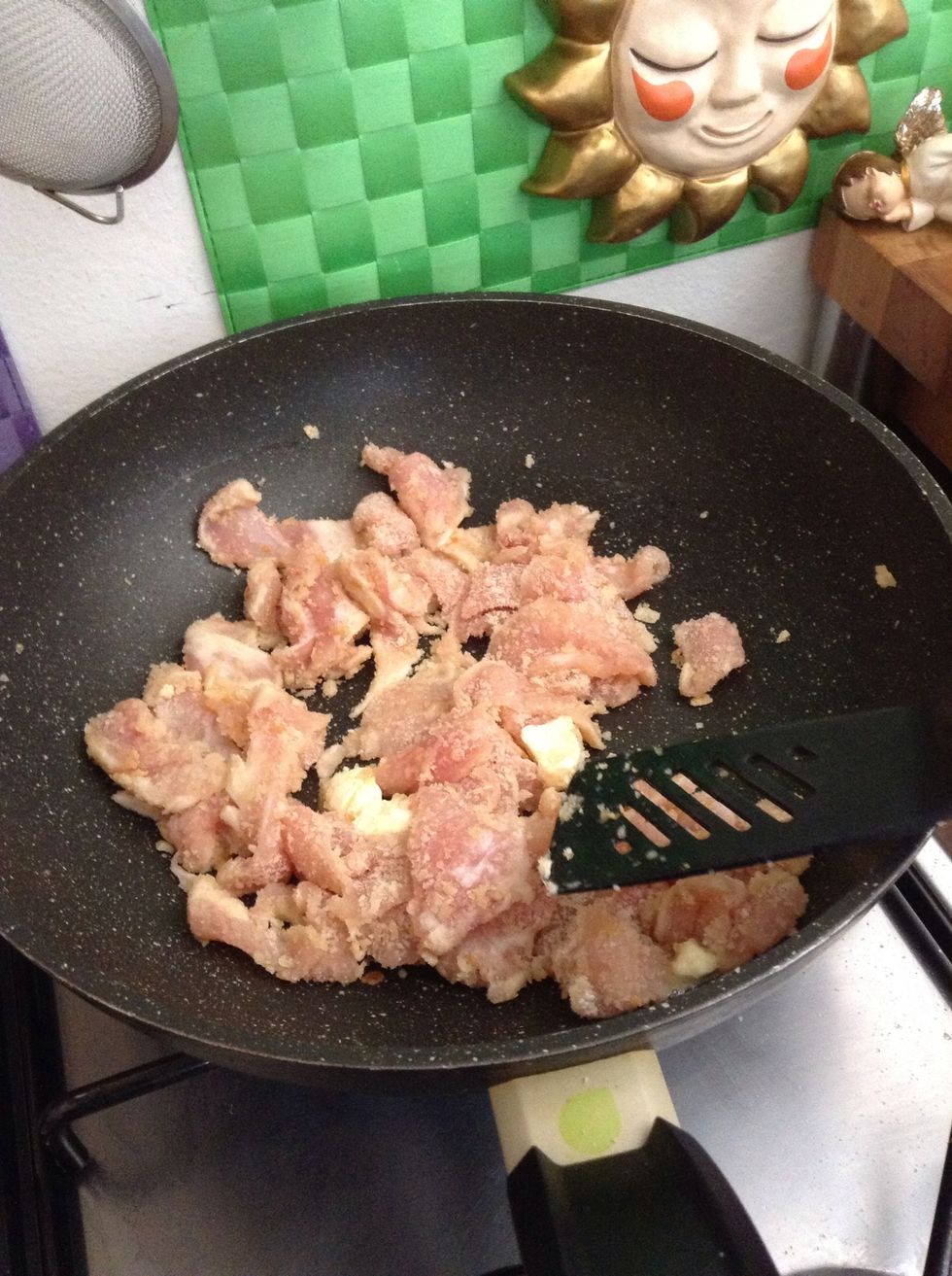 Put your chicken in the pan and cook it for 5-10 minutes over high heat.