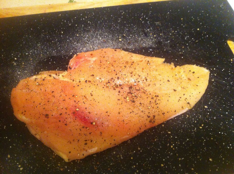 Put your chicken on a plastic cutting board and rub in some salt and fresh ground pepper. More salt than you think. Trust me, you'll thank me later.