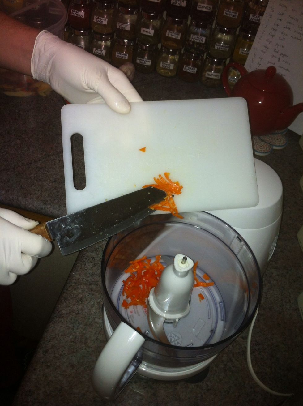 Put your diced chillies into the food processor/blender. I find it easiest to chop one and add it straight away, it limits the danger of it touching other things