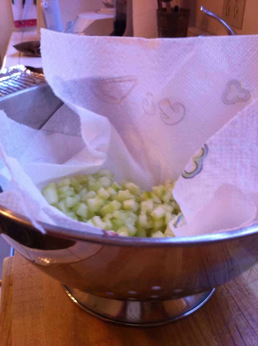 put your diced cucumber into a colander that is lined with 3 layers of paper towels and sprinkle with a generous amount of salt. (don't worry it won't be salty at the end, promise)