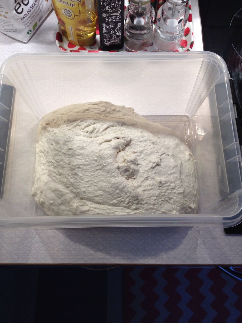 Put your dough in a box greased with a thin layer of rapeseed oil, let it ferment under lid for another two hours. Fold the edges of the dough towards the middle a couple of times during fermenting.