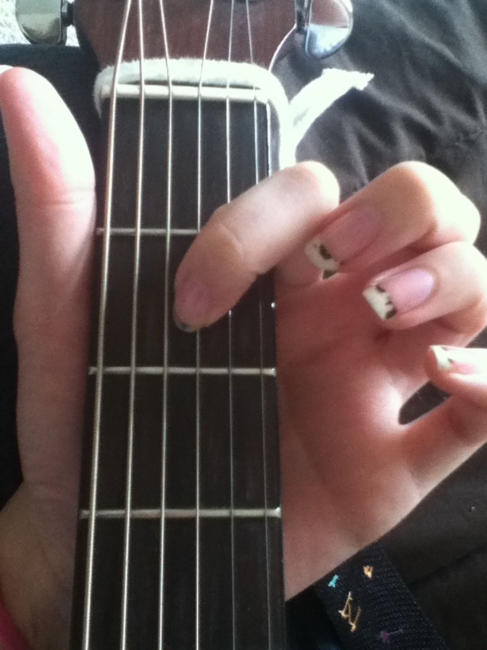 Put your first finger on the 4th string on the 2nd fret