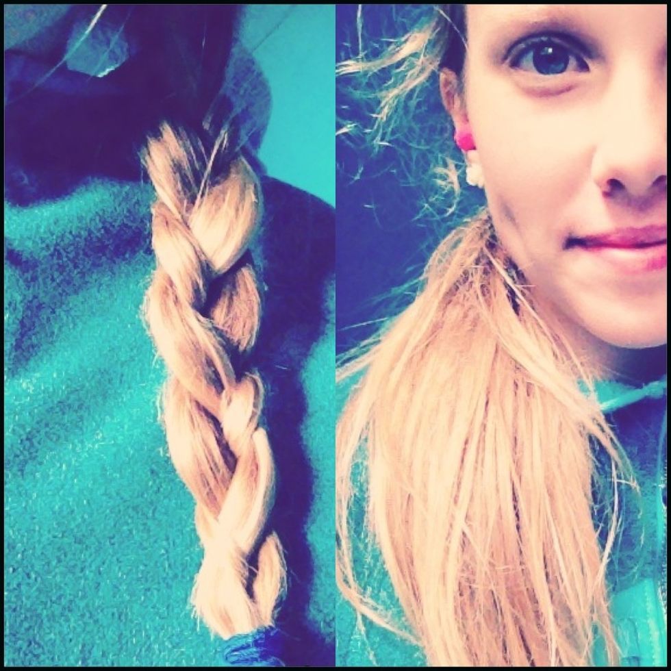 Put your hair up in a braid or a ponytail. If you want beach waves spray some water on the night before... I wanted flat hair so I created a simple ponytail