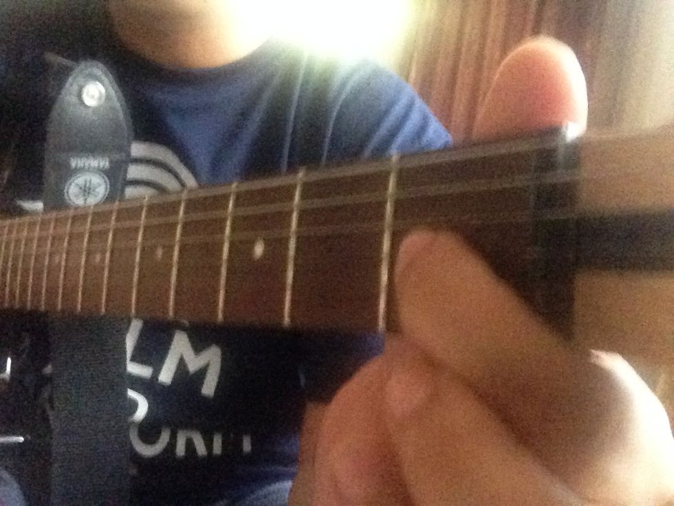 Put your index finger on the 3rd string (from the bottom/thinnest). Use the tip of the finger. It's more stronger. Make sure the string ring out.