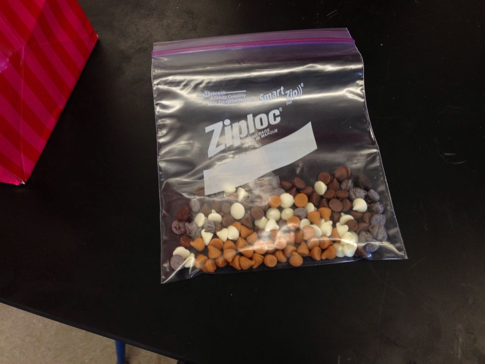 Put your little morsels (chips) into a plastic bag. Make sure you have an even amount of the three substances. You can use as many morsels as you want for the project.
