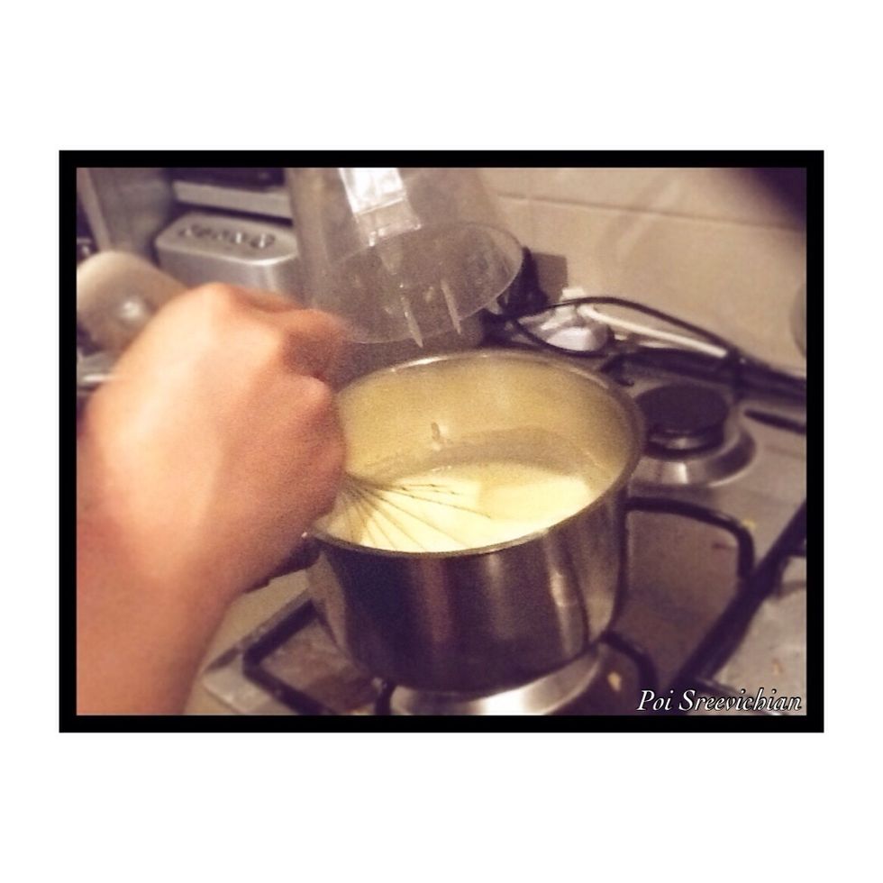 Put your mixture into a pot and put the gas on low then start mixing till it's hot the get the lemon juice and put 3 grams into the lemon juice and start mixing the pour it in the egg mixture