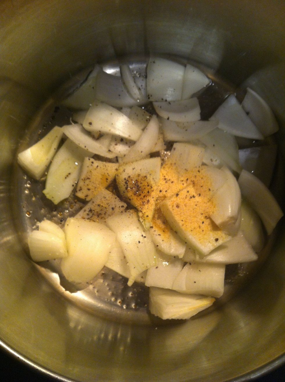 Put your onions to the frying pan add Olive Oil, Powdered Garlic, Pepper and salt let it cook until onion is glowing
