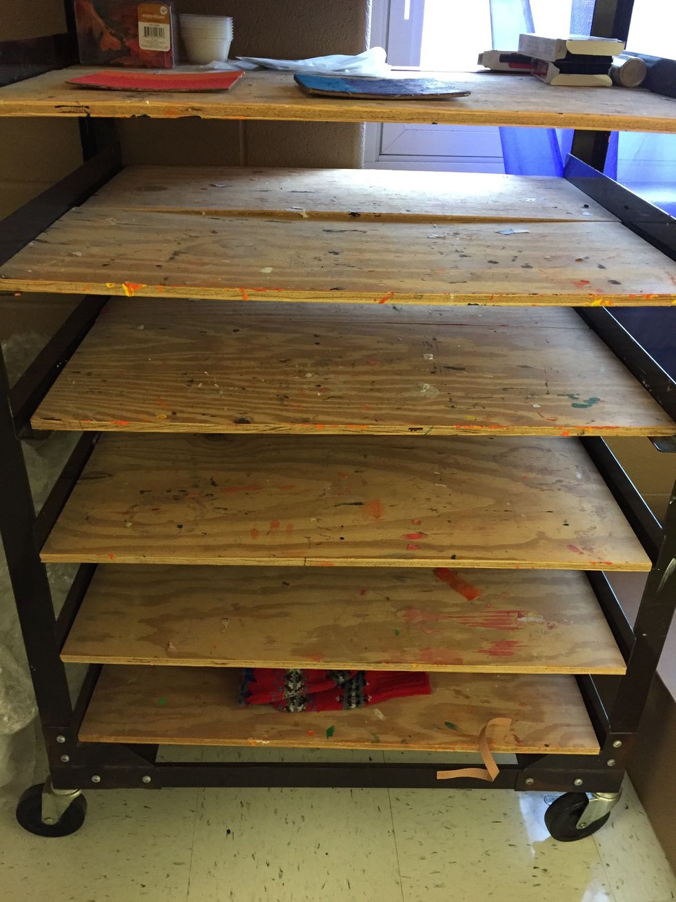 Put your painted cardboard on the wooden drying rack by the window.  Clean painting supplies and the table you were sitting at.  Go back to your regular seat.